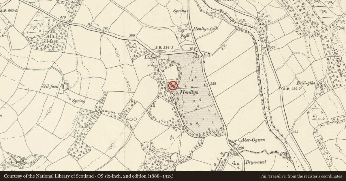 Ordnance Survey six-inch map, 2nd edition (1888–1913) covering the location of Barn of NE corner of yard at Henllys, Cilycwm, Carmarthenshire, with a pin at the register's coordinates