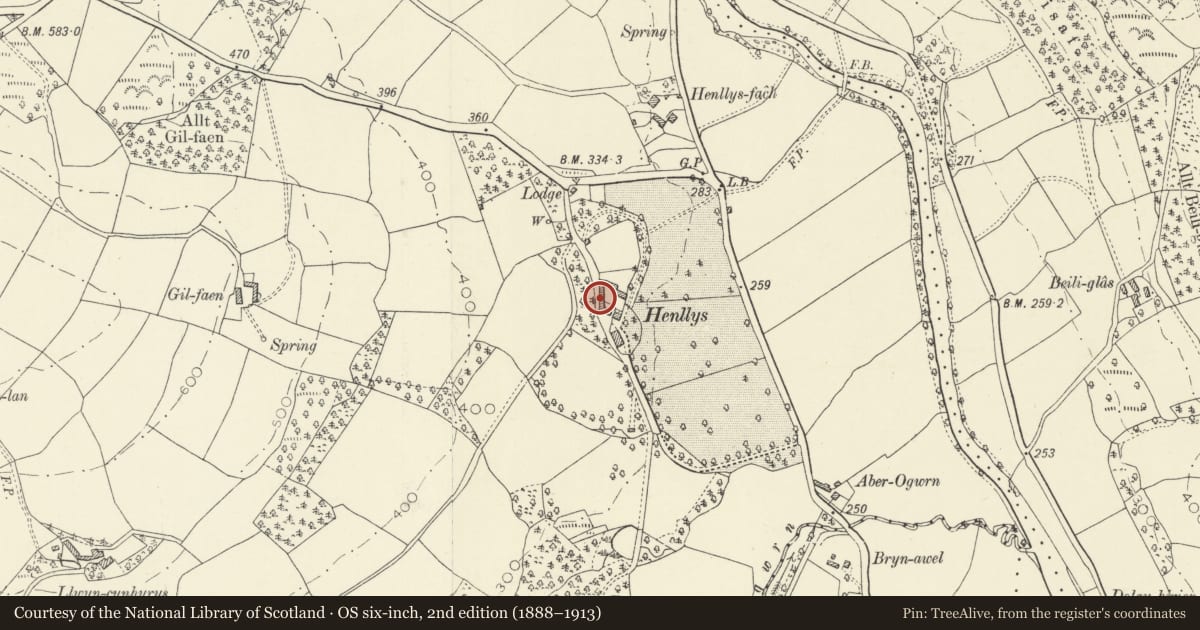 Ordnance Survey six-inch map, 2nd edition (1888–1913) covering the location of Cowshed to W of farmyard at Henllys, Cilycwm, Carmarthenshire, with a pin at the register's coordinates