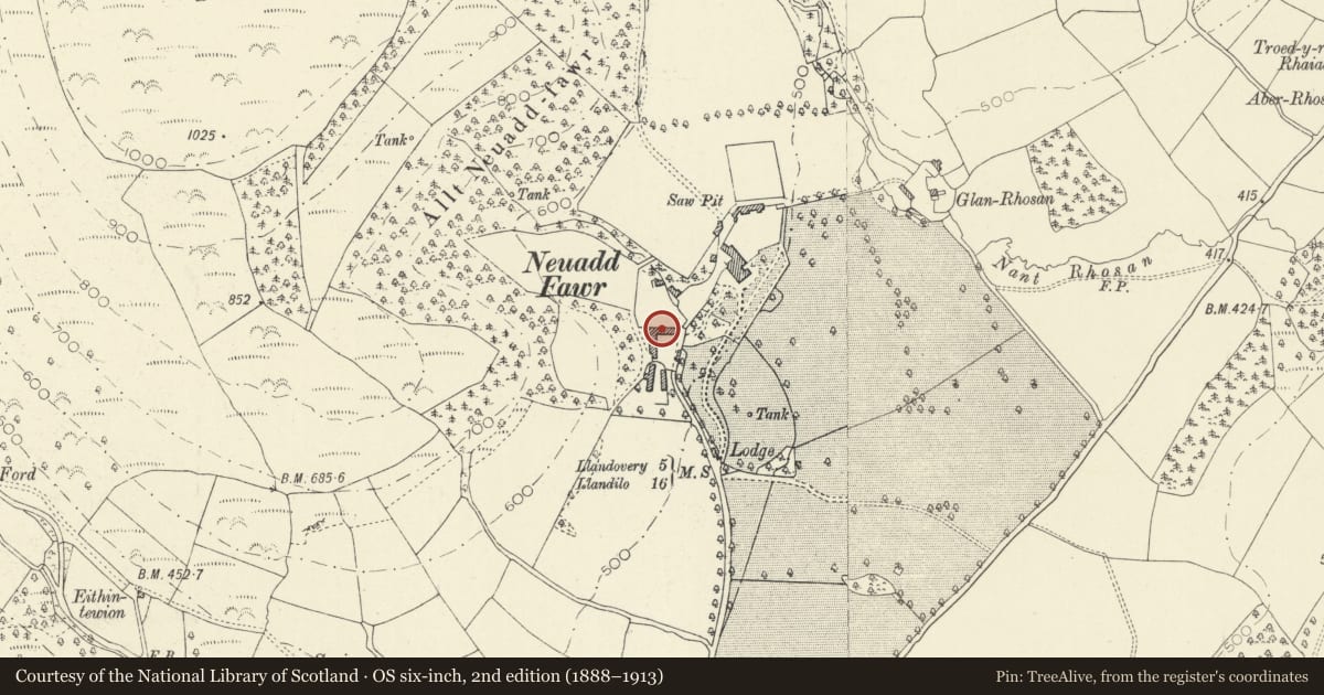 Ordnance Survey six-inch map, 2nd edition (1888–1913) covering the location of Barn at Neuadd Fawr Home Farm, Cilycwm, Carmarthenshire, with a pin at the register's coordinates