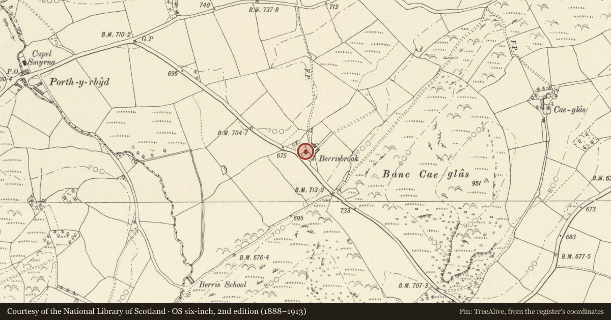 Ordnance Survey six-inch map, 2nd edition (1888–1913) covering the location of Berrisbrook Old Farmhouse, Cilycwm, Carmarthenshire, with a pin at the register's coordinates