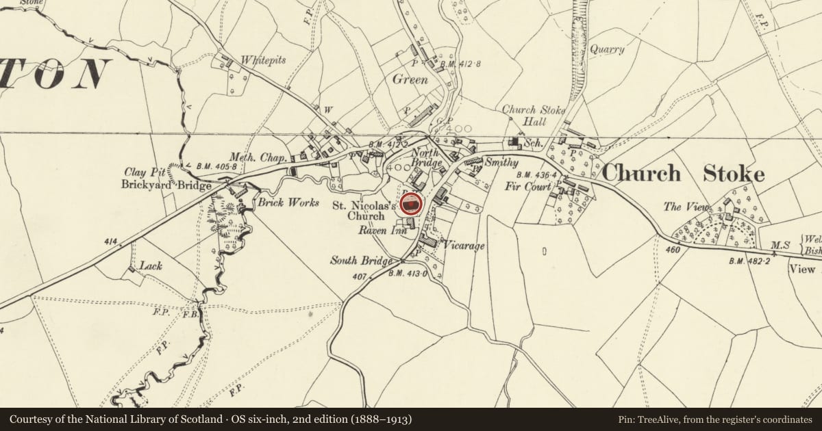 Ordnance Survey six-inch map, 2nd edition (1888–1913) covering the location of Church of St Nicholas, Churchstoke, Powys, with a pin at the register's coordinates