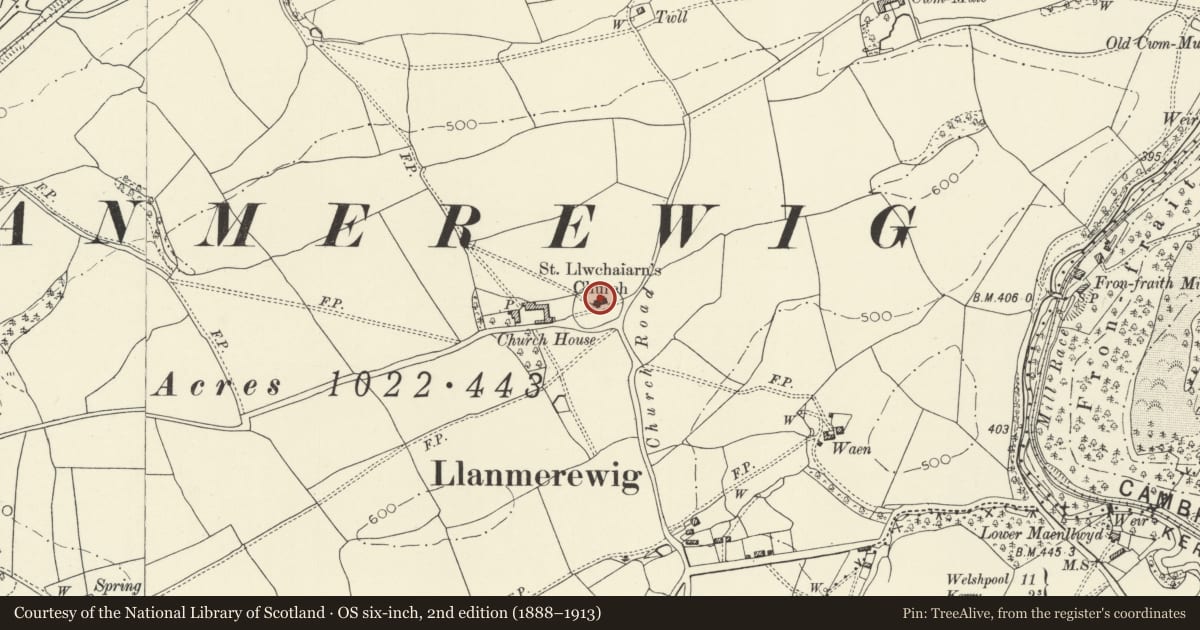 Ordnance Survey six-inch map, 2nd edition (1888–1913) covering the location of Church of St Llwchaiarn, Llandyssil, Powys, with a pin at the register's coordinates