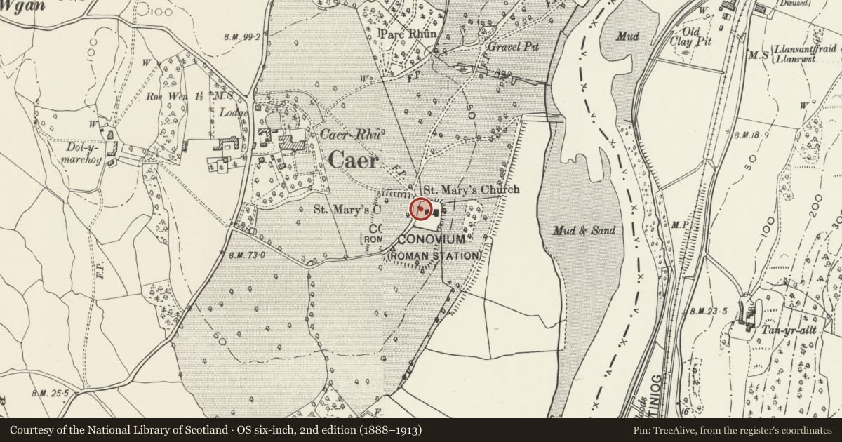 Ordnance Survey six-inch map, 2nd edition (1888–1913) covering the location of Lychgate at Church of St Mary with churchyard walls including former Bierhouse and store, Caerhun, Conwy, with a pin at the register's coordinates