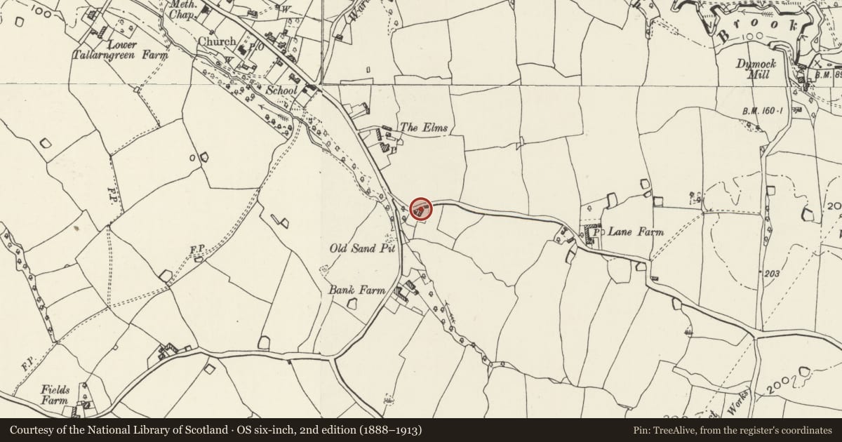 Ordnance Survey six-inch map, 2nd edition (1888–1913) covering the location of Bridge Cottages, Hurdle View, Willington Worthenbury, Wrexham, with a pin at the register's coordinates