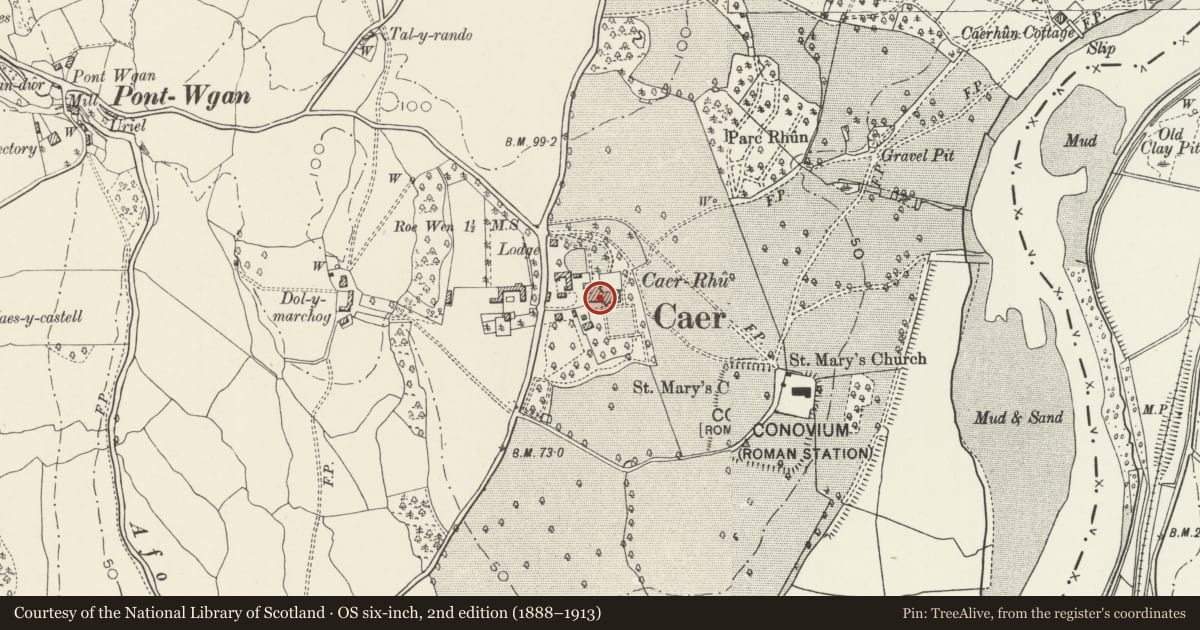 Ordnance Survey six-inch map, 2nd edition (1888–1913) covering the location of Caer Rhun Hall, Caerhun, Conwy, with a pin at the register's coordinates