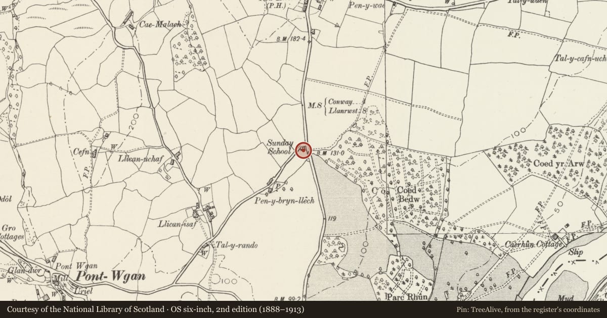 Ordnance Survey six-inch map, 2nd edition (1888–1913) covering the location of The Hall (with connecting wall to triangular store), Caerhun, Conwy, with a pin at the register's coordinates