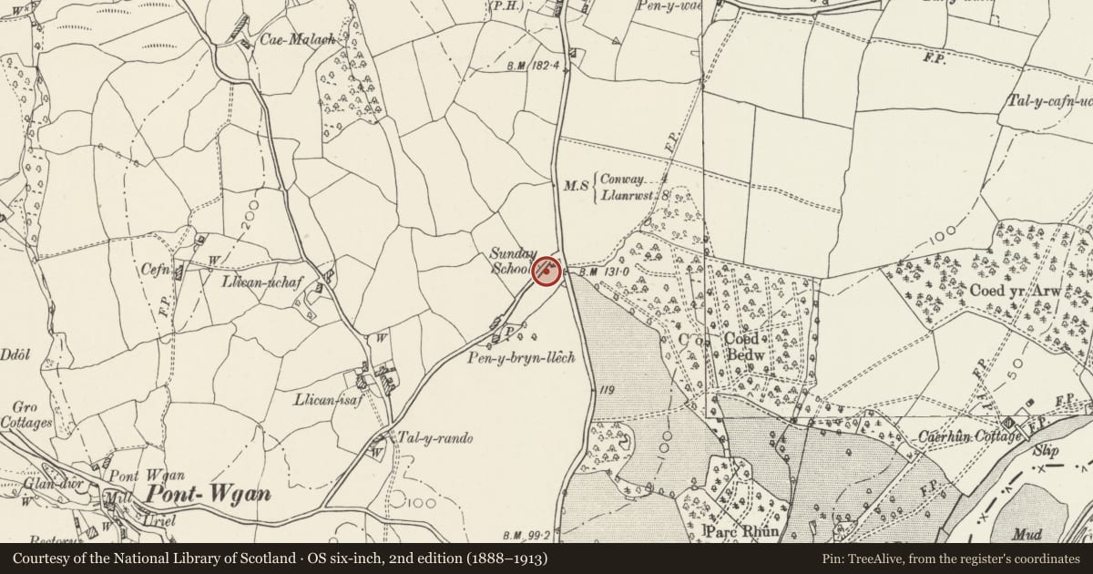 Ordnance Survey six-inch map, 2nd edition (1888–1913) covering the location of Triangular store (with connecting wall to The Hall), Caerhun, Conwy, with a pin at the register's coordinates