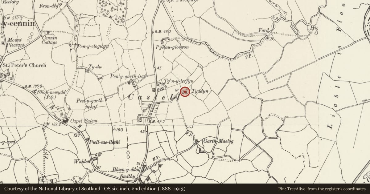 Ordnance Survey six-inch map, 2nd edition (1888–1913) covering the location of Tyddyn-Isaf, Caerhun, Conwy, with a pin at the register's coordinates