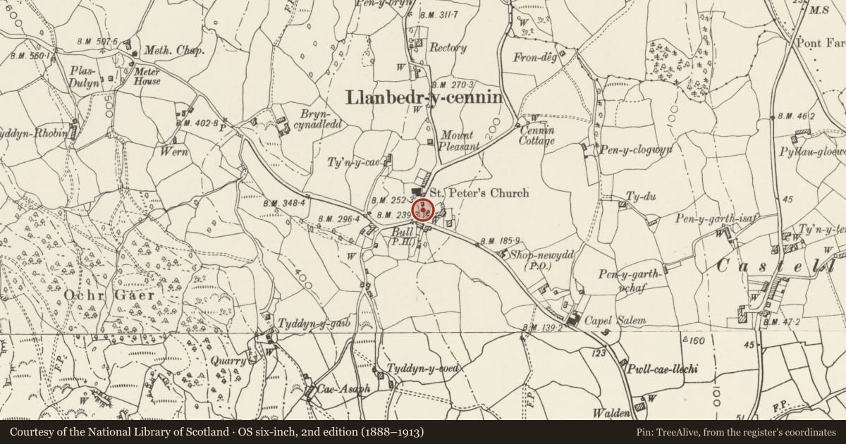 Ordnance Survey six-inch map, 2nd edition (1888–1913) covering the location of Church Cottage, Caerhun, Conwy, with a pin at the register's coordinates