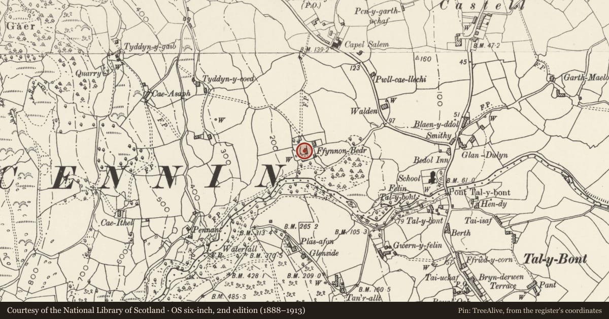 Ordnance Survey six-inch map, 2nd edition (1888–1913) covering the location of Stable and Cart Range at Ffynnon-Bedr, Caerhun, Conwy, with a pin at the register's coordinates