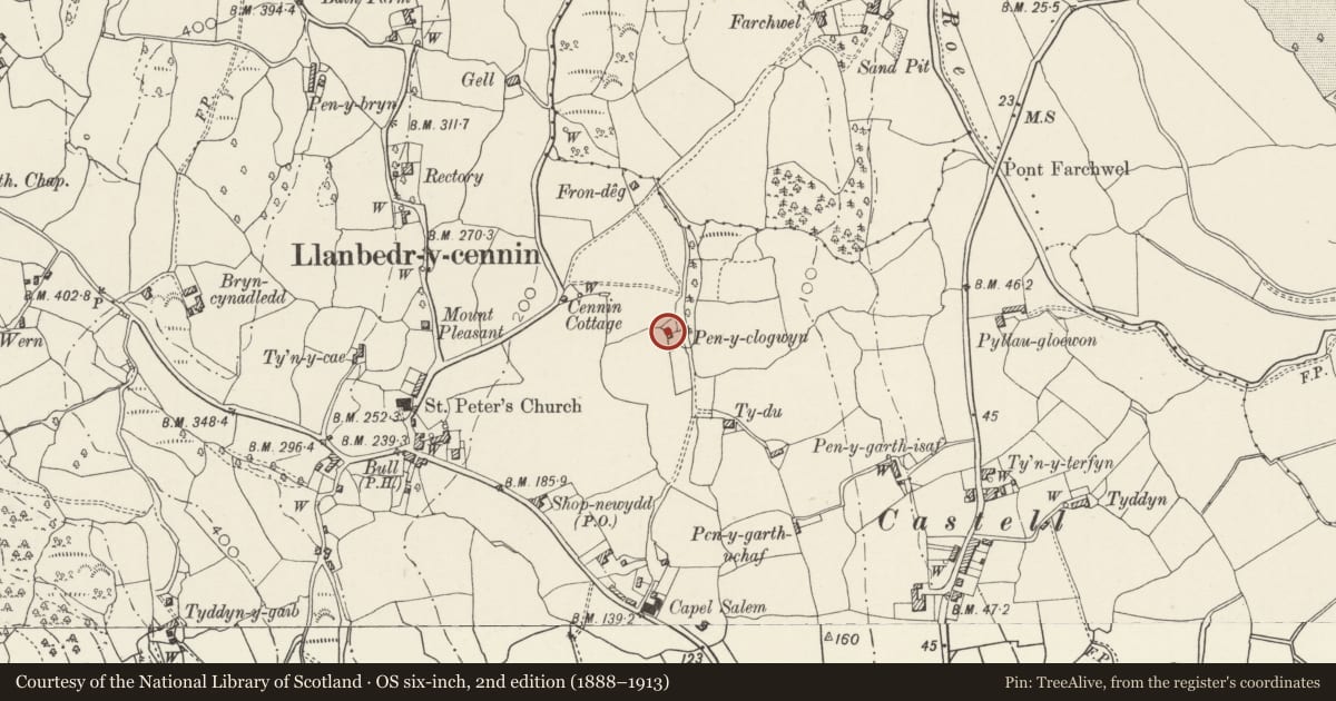 Ordnance Survey six-inch map, 2nd edition (1888–1913) covering the location of Pen-y-Clogwyn, Caerhun, Conwy, with a pin at the register's coordinates