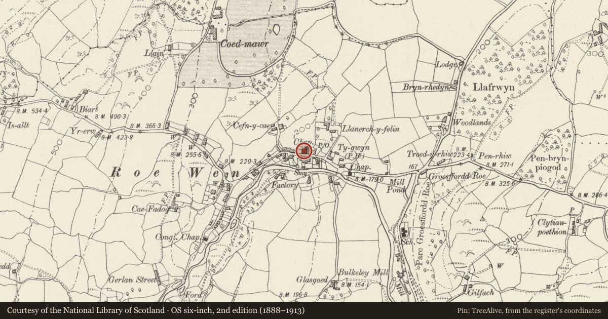 Ordnance Survey six-inch map, 2nd edition (1888–1913) covering the location of Seion Welsh Presbyterian Chapel, Caerhun, Conwy, with a pin at the register's coordinates