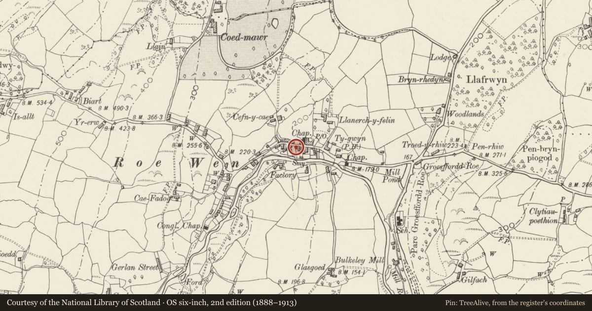 Ordnance Survey six-inch map, 2nd edition (1888–1913) covering the location of Bodafon, Caerhun, Conwy, with a pin at the register's coordinates