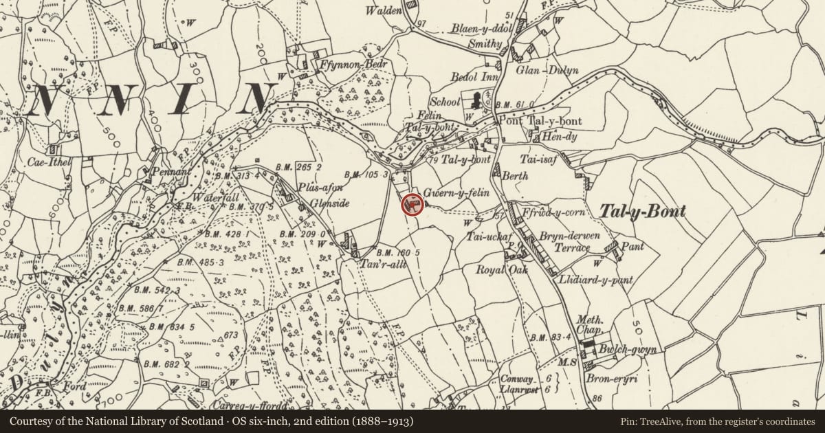Ordnance Survey six-inch map, 2nd edition (1888–1913) covering the location of Former Farmhouse at Gwern Felin, Caerhun, Conwy, with a pin at the register's coordinates
