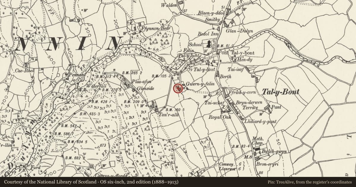 Ordnance Survey six-inch map, 2nd edition (1888–1913) covering the location of Agricultural Range at Gwern Felin, Caerhun, Conwy, with a pin at the register's coordinates