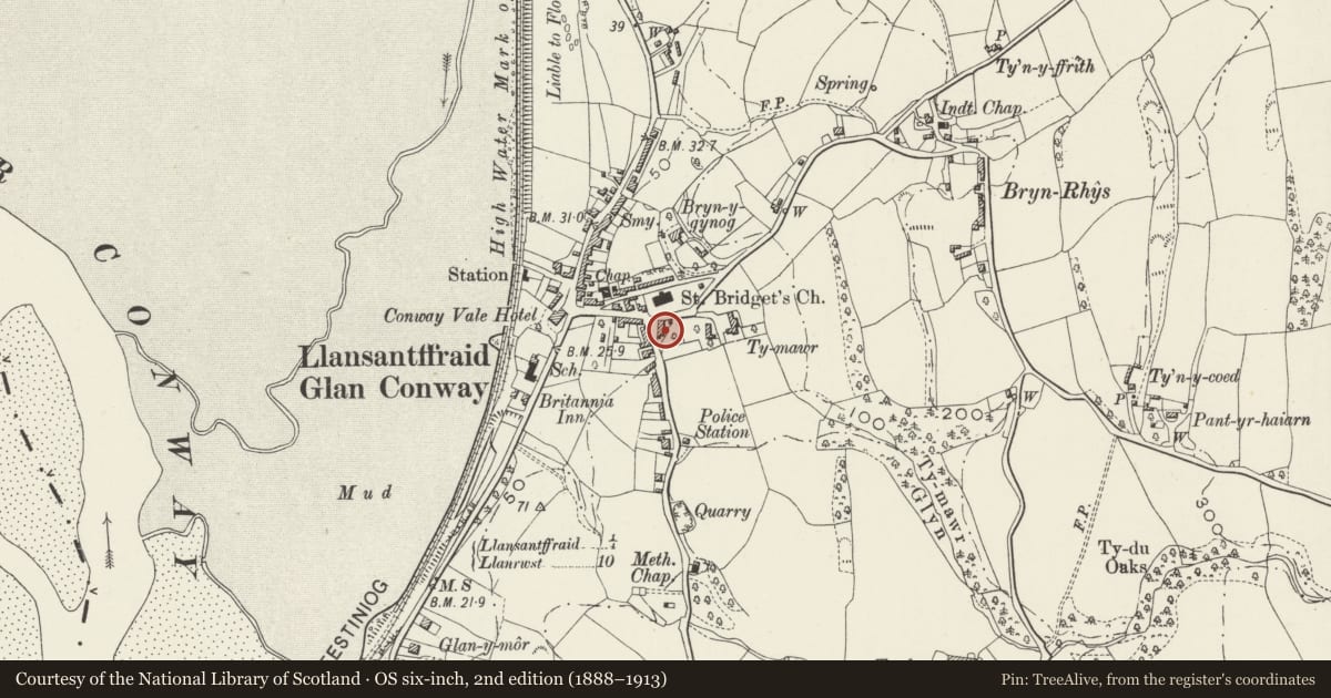 Ordnance Survey six-inch map, 2nd edition (1888–1913) covering the location of Church House, Llansanffraid Glan Conwy, Conwy, with a pin at the register's coordinates
