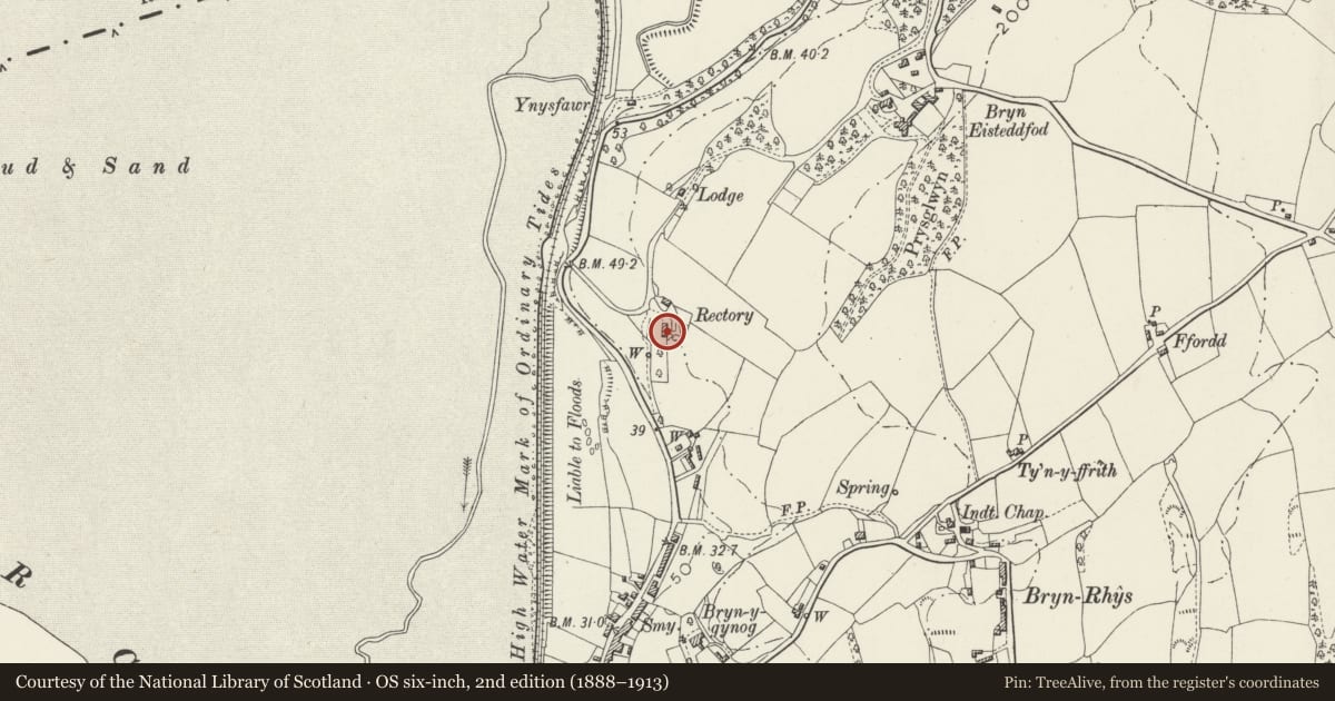 Ordnance Survey six-inch map, 2nd edition (1888–1913) covering the location of The Old Rectory, Llansanffraid Glan Conwy, Conwy, with a pin at the register's coordinates