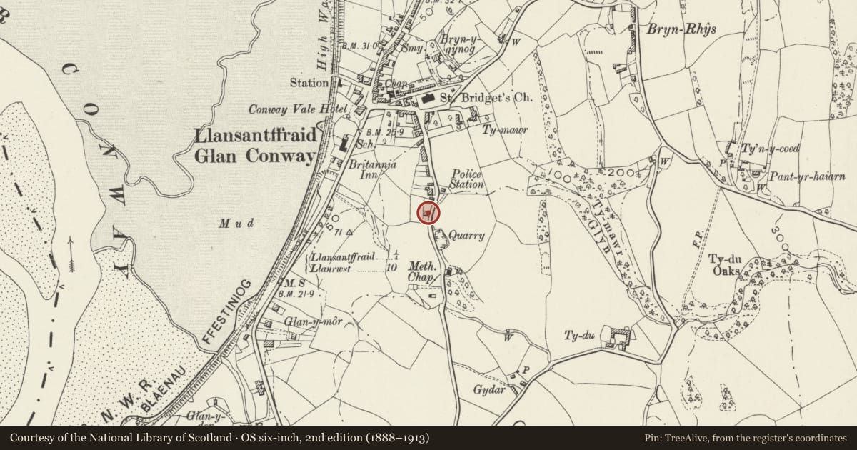 Ordnance Survey six-inch map, 2nd edition (1888–1913) covering the location of Plas Tirion, Llansanffraid Glan Conwy, Conwy, with a pin at the register's coordinates