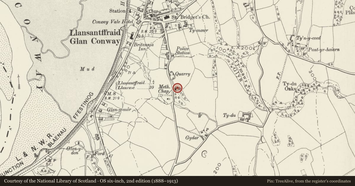 Ordnance Survey six-inch map, 2nd edition (1888–1913) covering the location of Welsh Methodist Chapel, Llansanffraid Glan Conwy, Conwy, with a pin at the register's coordinates