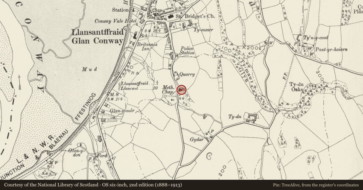 Ordnance Survey six-inch map, 2nd edition (1888–1913) covering the location of Manse adjoining Welsh Methodist Chapel, Llansanffraid Glan Conwy, Conwy, with a pin at the register's coordinates