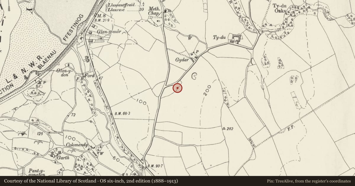Ordnance Survey six-inch map, 2nd edition (1888–1913) covering the location of Hafod, Llansanffraid Glan Conwy, Conwy, with a pin at the register's coordinates