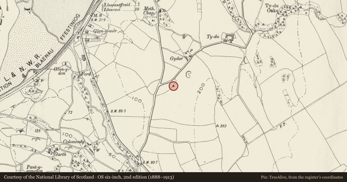 Ordnance Survey six-inch map, 2nd edition (1888–1913) covering the location of Garage adjacent to Hafod, Llansanffraid Glan Conwy, Conwy, with a pin at the register's coordinates