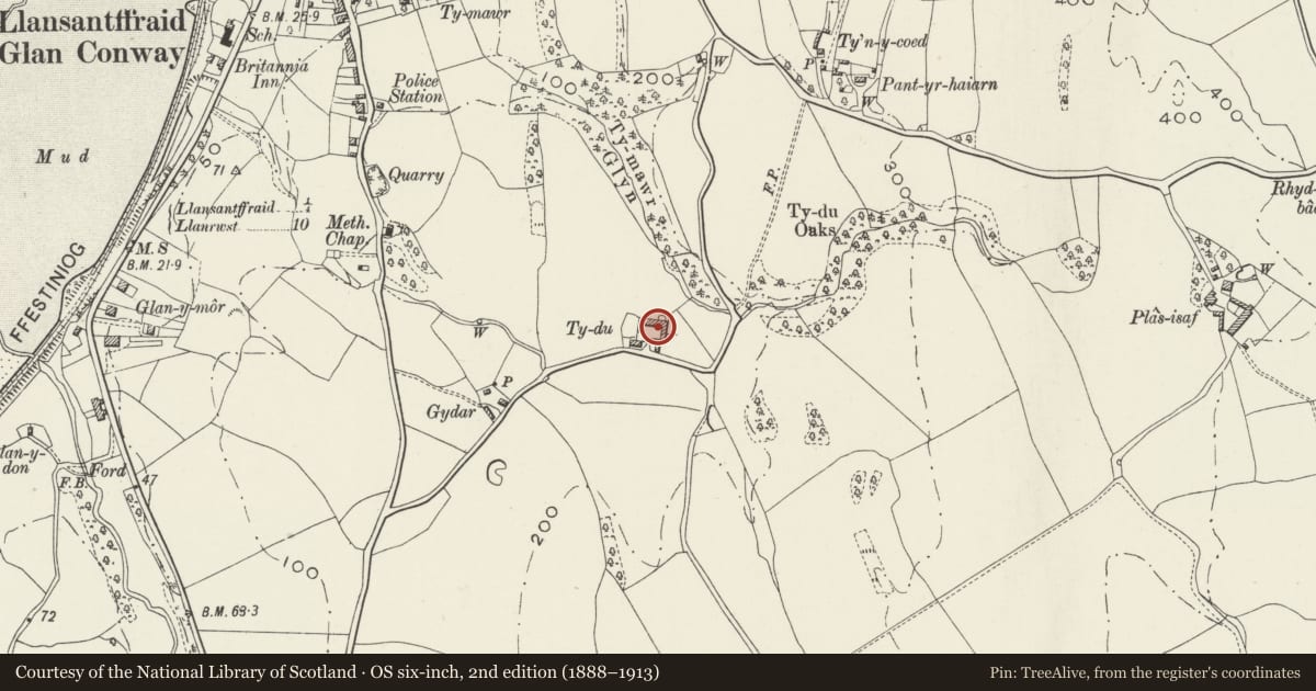 Ordnance Survey six-inch map, 2nd edition (1888–1913) covering the location of Agricultural ranges at Ty Du Farm, Llansanffraid Glan Conwy, Conwy, with a pin at the register's coordinates
