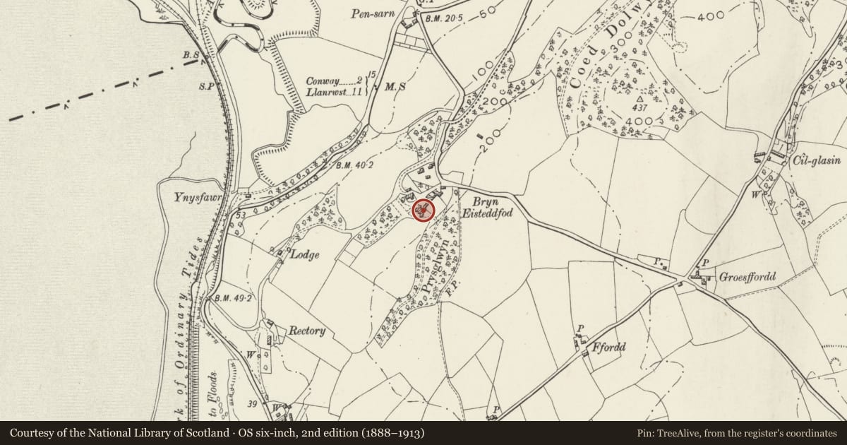 Ordnance Survey six-inch map, 2nd edition (1888–1913) covering the location of Bryn Eisteddfod, Llansanffraid Glan Conwy, Conwy, with a pin at the register's coordinates