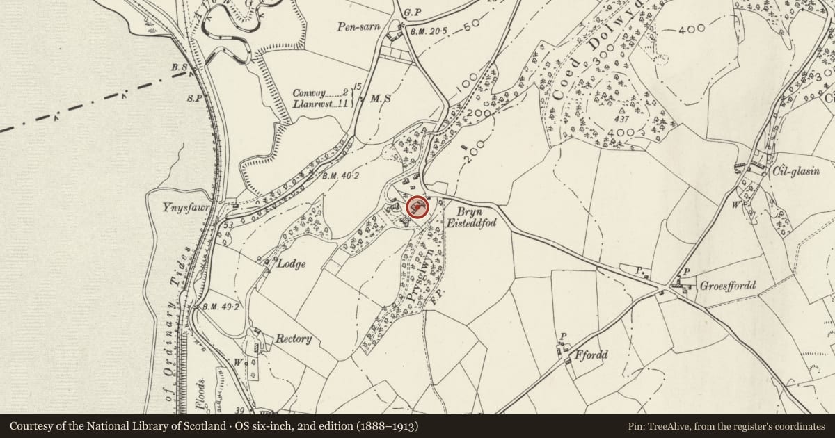Ordnance Survey six-inch map, 2nd edition (1888–1913) covering the location of Mews Cottage, Llansanffraid Glan Conwy, Conwy, with a pin at the register's coordinates