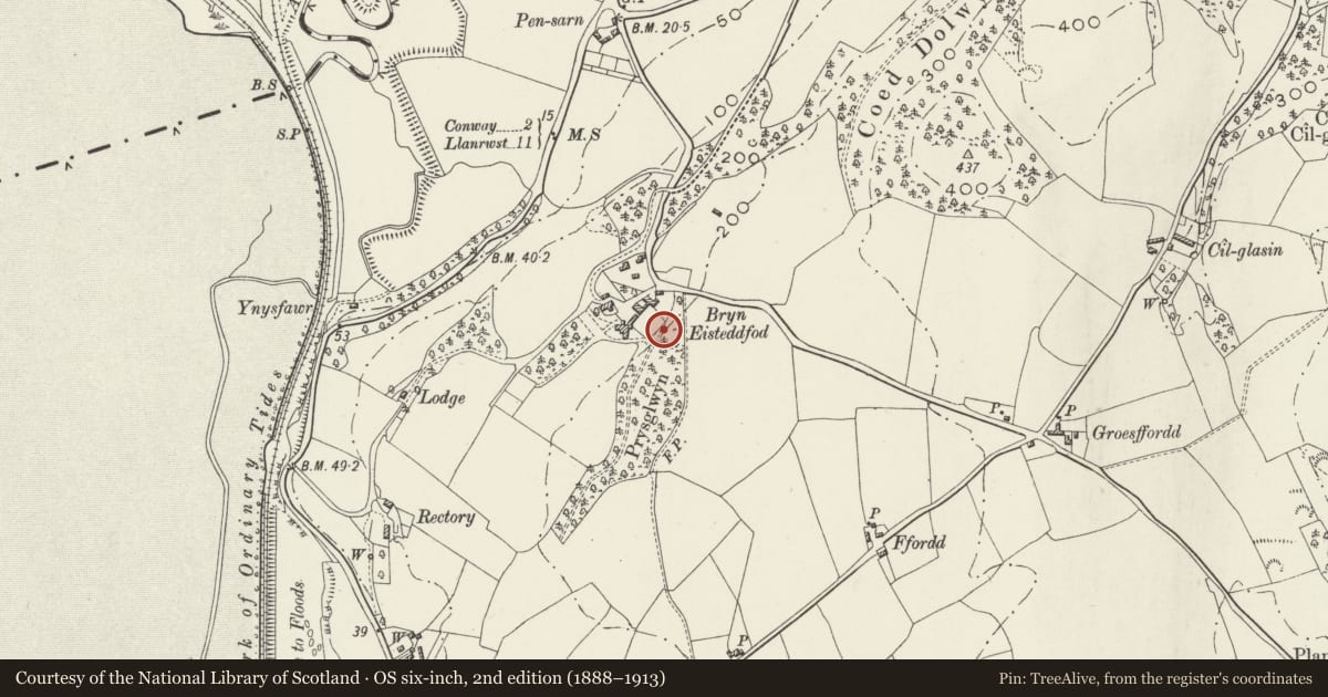Ordnance Survey six-inch map, 2nd edition (1888–1913) covering the location of Pleasure Garden Walls, Llansanffraid Glan Conwy, Conwy, with a pin at the register's coordinates