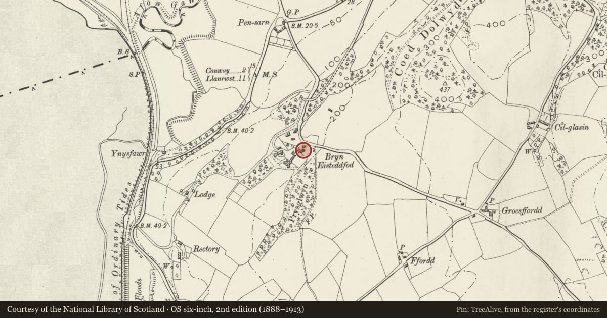 Ordnance Survey six-inch map, 2nd edition (1888–1913) covering the location of L-shaped stable range at Bryn Eisteddfod, Llansanffraid Glan Conwy, Conwy, with a pin at the register's coordinates