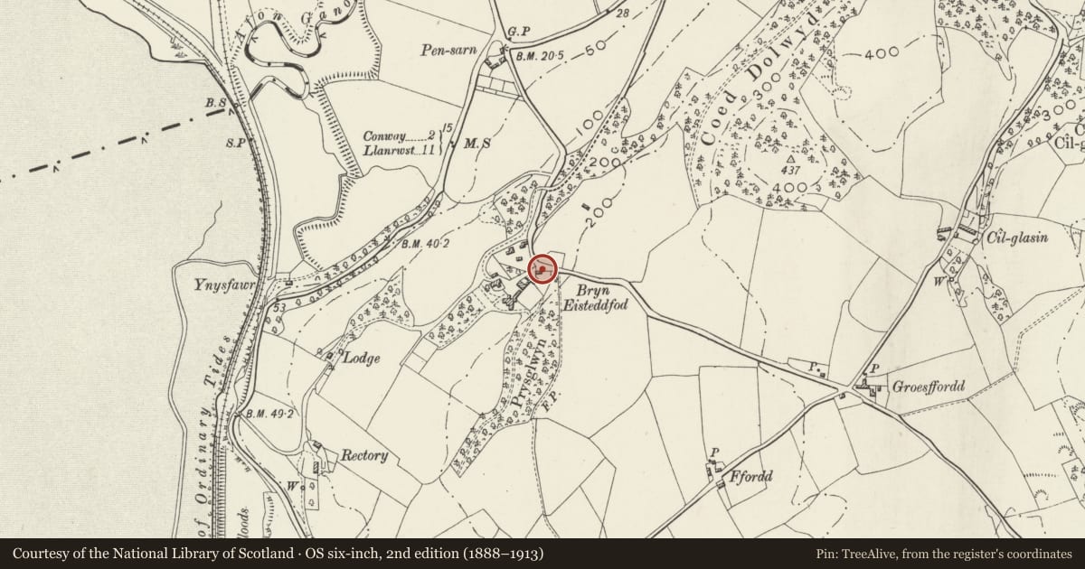 Ordnance Survey six-inch map, 2nd edition (1888–1913) covering the location of Rubble cart shed at Bryn Eisteddfod, Llansanffraid Glan Conwy, Conwy, with a pin at the register's coordinates