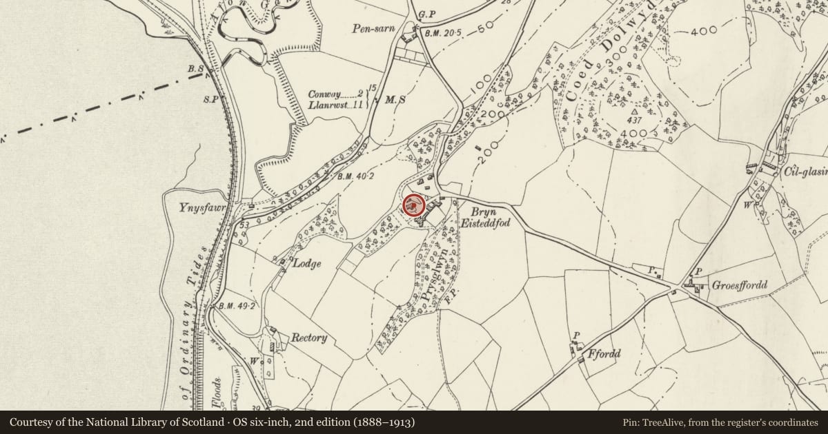 Ordnance Survey six-inch map, 2nd edition (1888–1913) covering the location of Bwthyn-y-Bryn at Bryn Eisteddfod, Llansanffraid Glan Conwy, Conwy, with a pin at the register's coordinates