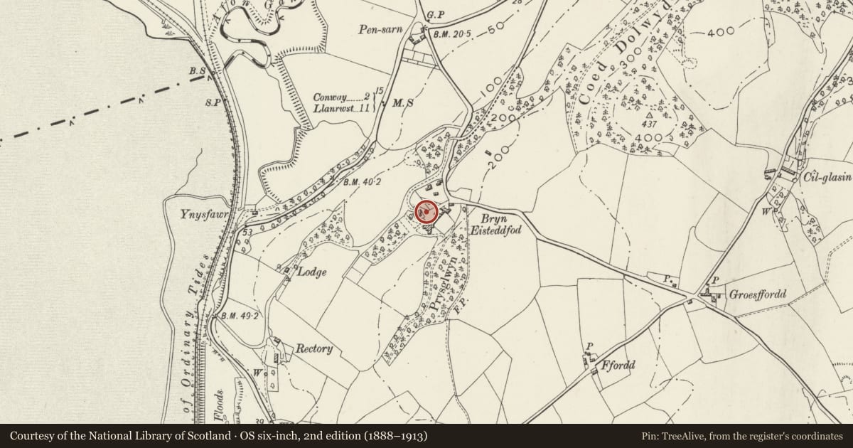 Ordnance Survey six-inch map, 2nd edition (1888–1913) covering the location of Garages at Bryn Eisteddfod, Llansanffraid Glan Conwy, Conwy, with a pin at the register's coordinates