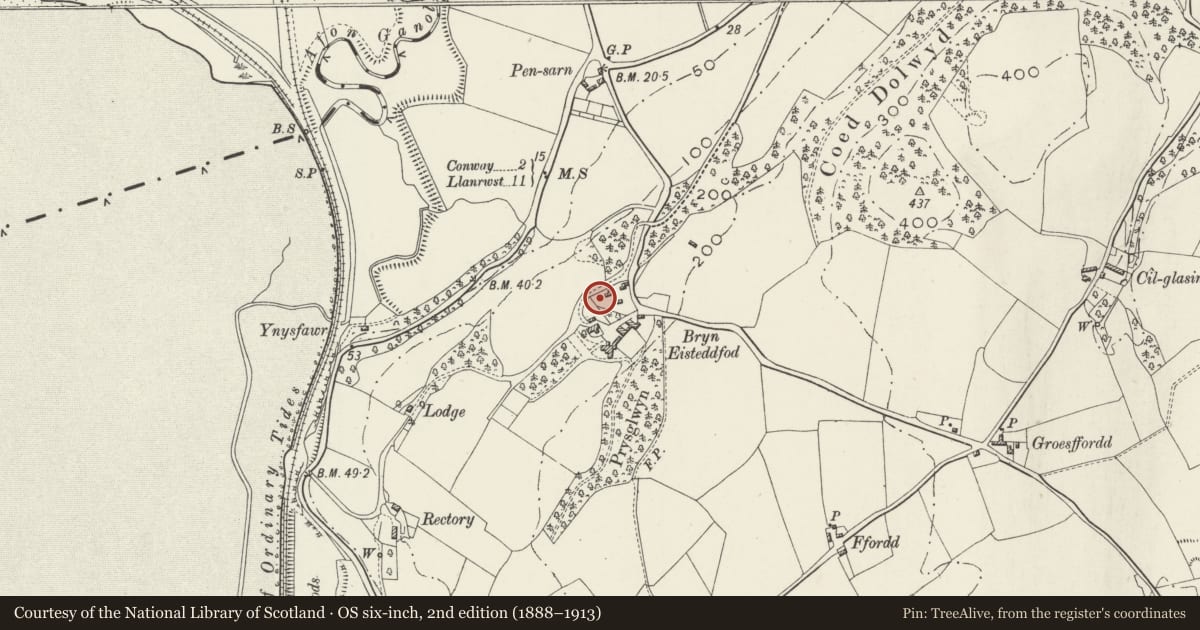 Ordnance Survey six-inch map, 2nd edition (1888–1913) covering the location of Kitchen Garden Walls (including glasshouses) at Bryn Eisteddfod, Llansanffraid Glan Conwy, Conwy, with a pin at the register's coordinates