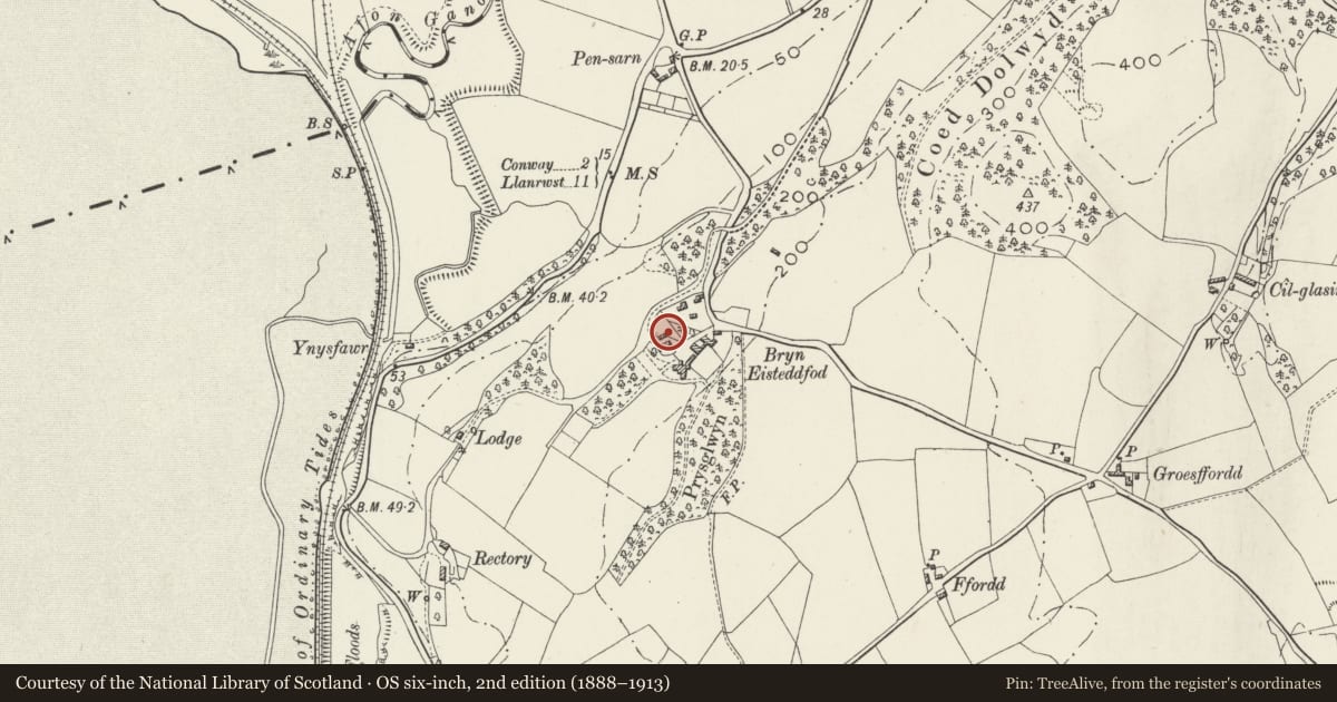 Ordnance Survey six-inch map, 2nd edition (1888–1913) covering the location of Brick Carthouse at Bryn Eisteddfod, Llansanffraid Glan Conwy, Conwy, with a pin at the register's coordinates