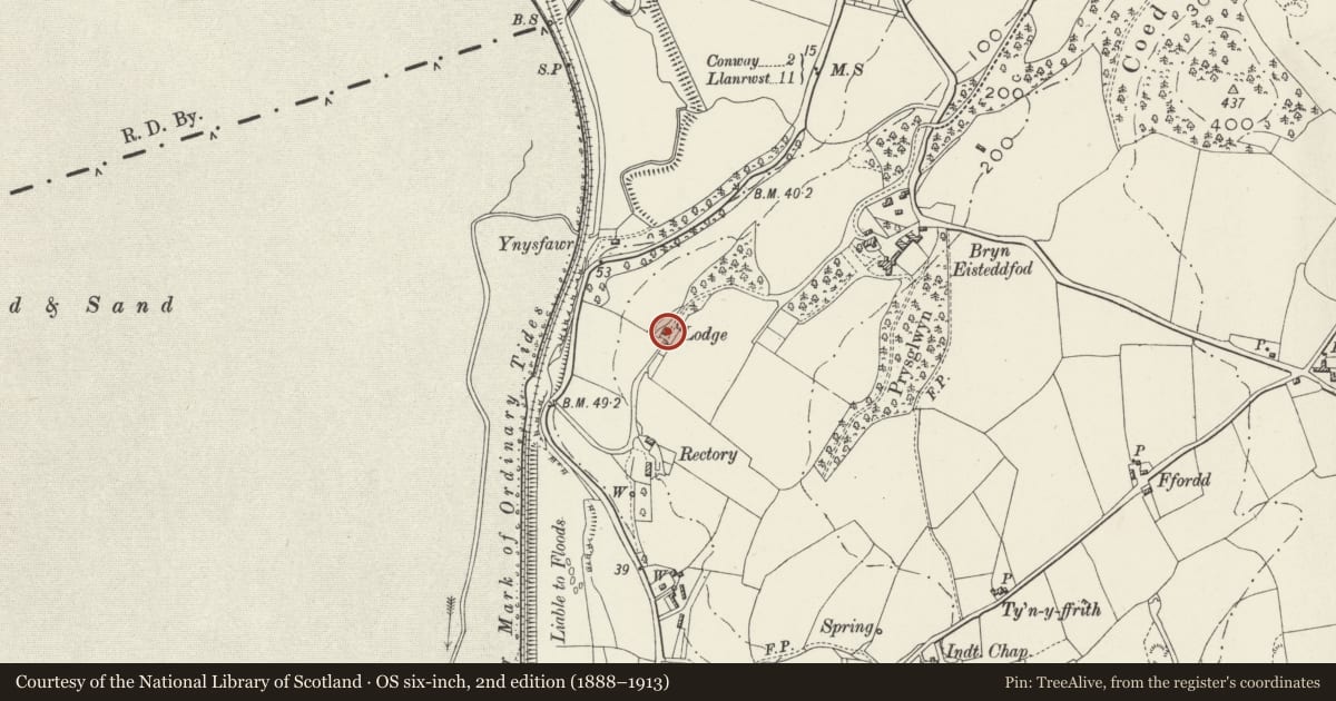 Ordnance Survey six-inch map, 2nd edition (1888–1913) covering the location of Top Lodge at Bryn Eisteddfod, Llansanffraid Glan Conwy, Conwy, with a pin at the register's coordinates