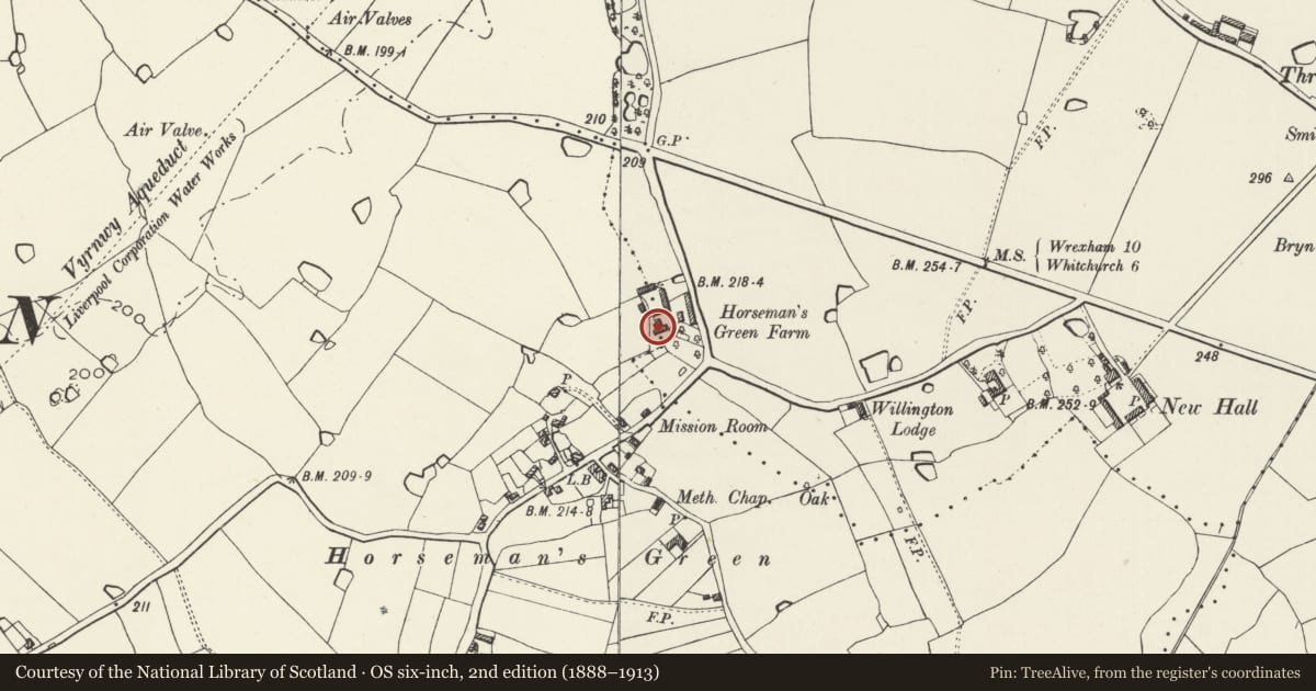 Ordnance Survey six-inch map, 2nd edition (1888–1913) covering the location of Horseman's Green Farmhouse, Hanmer, Wrexham, with a pin at the register's coordinates