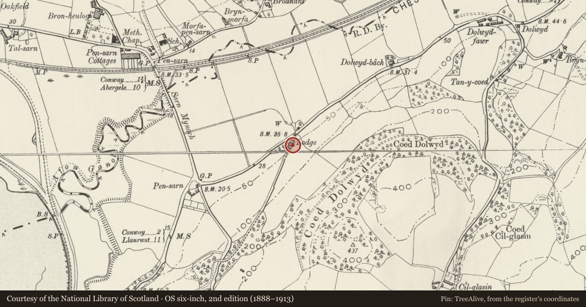 Ordnance Survey six-inch map, 2nd edition (1888–1913) covering the location of Bottom Lodge at Bryn Eisteddfod, Llansanffraid Glan Conwy, Conwy, with a pin at the register's coordinates