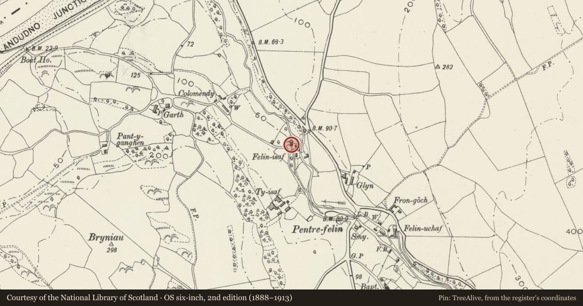 Ordnance Survey six-inch map, 2nd edition (1888–1913) covering the location of Former Oat Kiln at Felin Isaf, Llansanffraid Glan Conwy, Conwy, with a pin at the register's coordinates