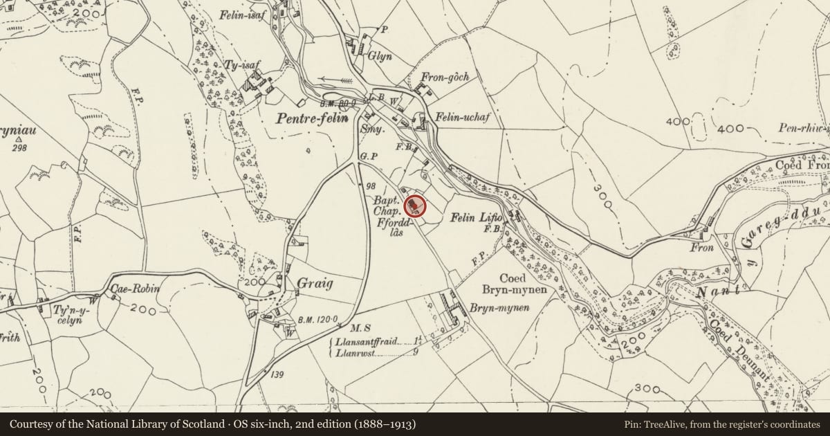 Ordnance Survey six-inch map, 2nd edition (1888–1913) covering the location of Salem Baptist Chapel, Llansanffraid Glan Conwy, Conwy, with a pin at the register's coordinates