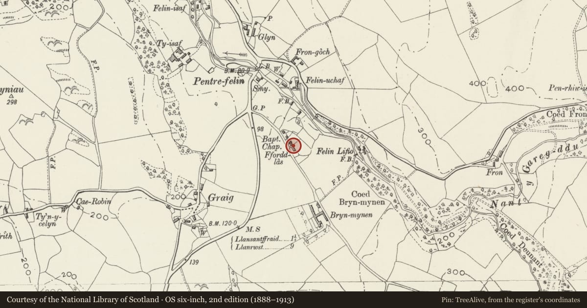 Ordnance Survey six-inch map, 2nd edition (1888–1913) covering the location of Ty Capel adjoining Salem Baptist Chapel, Llansanffraid Glan Conwy, Conwy, with a pin at the register's coordinates