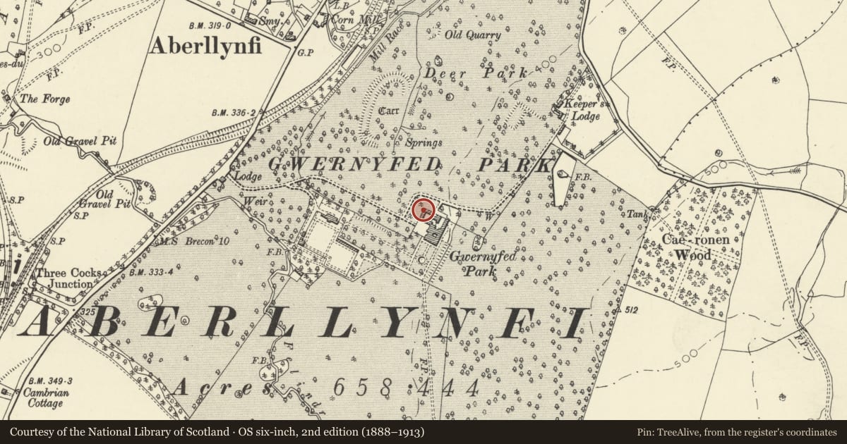 Ordnance Survey six-inch map, 2nd edition (1888–1913) covering the location of Stable Block at Gwernyfed High School, Powys, with a pin at the register's coordinates
