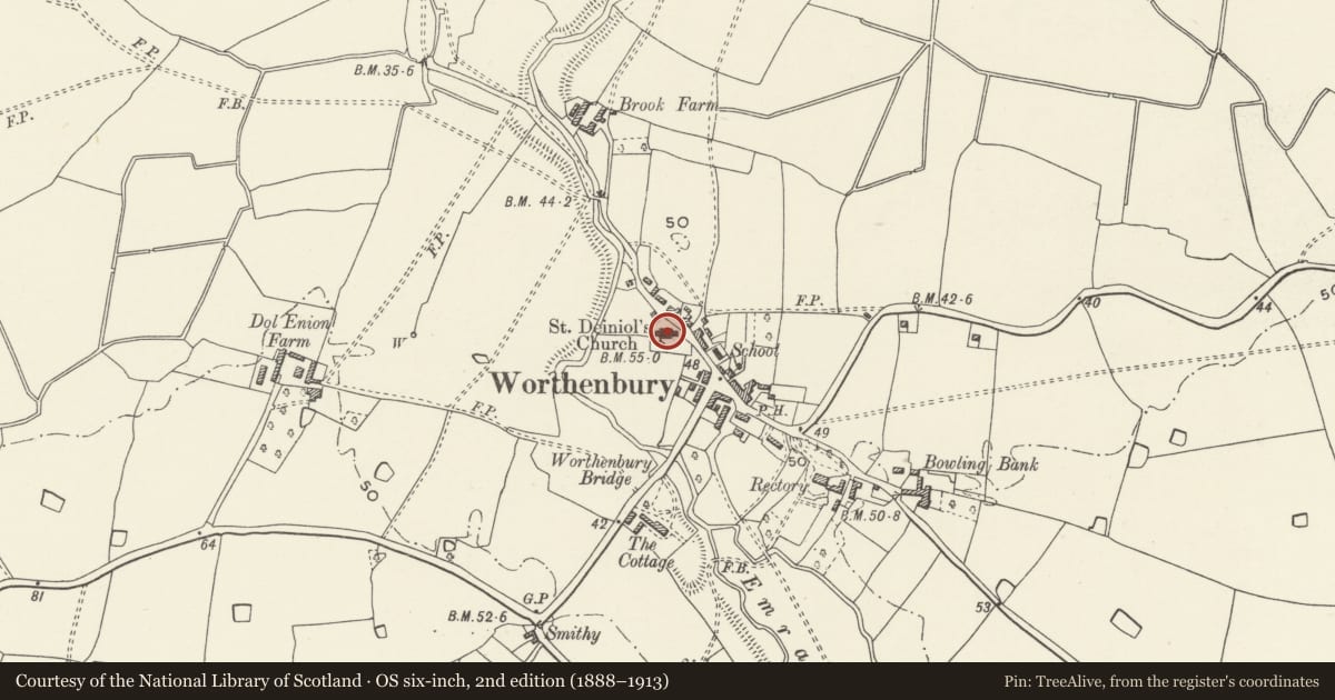 Ordnance Survey six-inch map, 2nd edition (1888–1913) covering the location of Parish Church of St Deiniol, Willington Worthenbury, Wrexham, with a pin at the register's coordinates