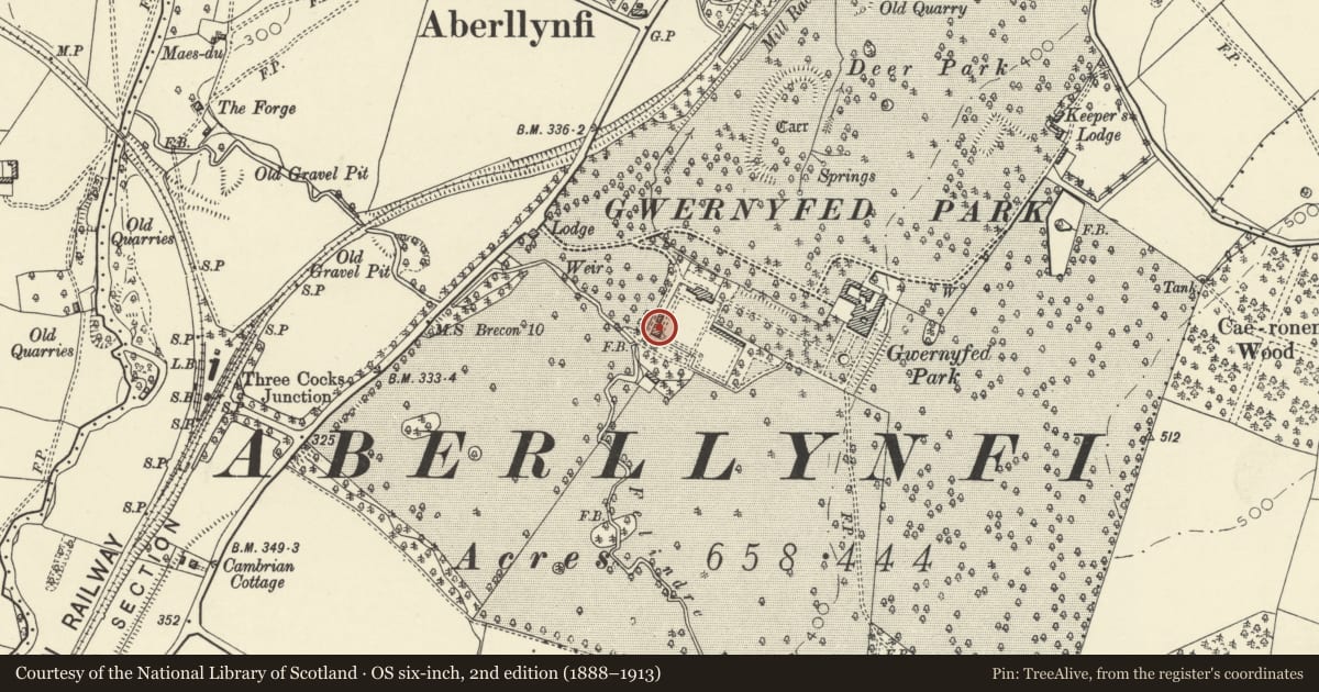 Ordnance Survey six-inch map, 2nd edition (1888–1913) covering the location of Gardener's cottage at Gwernyfed High School (Gwernyfed Park), Powys, with a pin at the register's coordinates