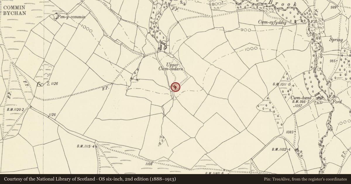 Ordnance Survey six-inch map, 2nd edition (1888–1913) covering the location of Barn at Upper Cwm Cadarn, Gwernyfed, Powys, with a pin at the register's coordinates