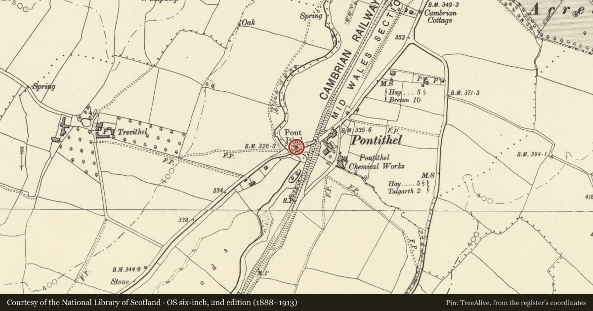 Ordnance Survey six-inch map, 2nd edition (1888–1913) covering the location of Pontithel (partly in the Bronllys community), Gwernyfed, Powys, with a pin at the register's coordinates