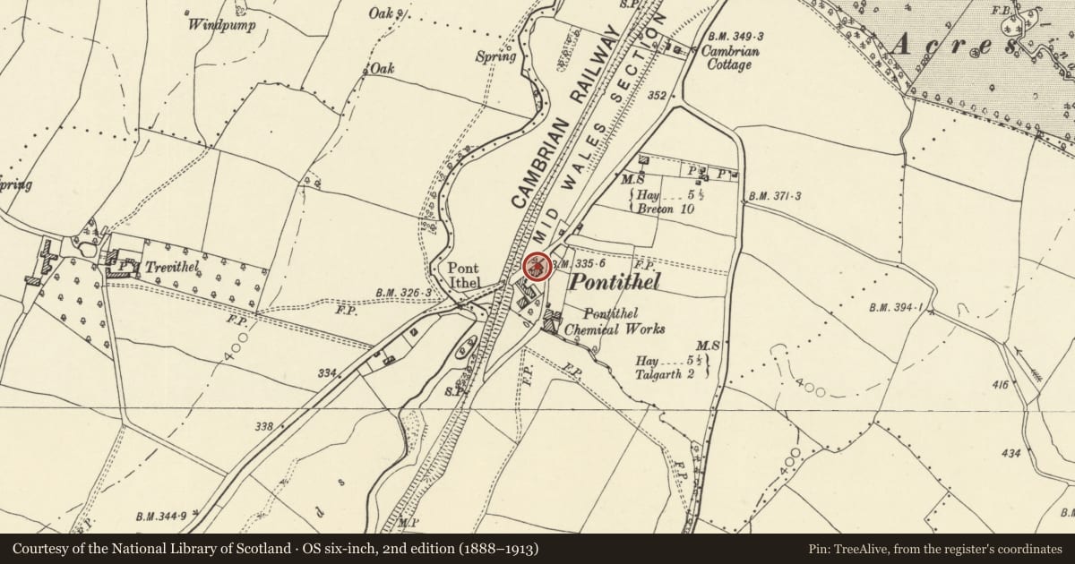 Ordnance Survey six-inch map, 2nd edition (1888–1913) covering the location of Pontithel House, Gwernyfed, Powys, with a pin at the register's coordinates