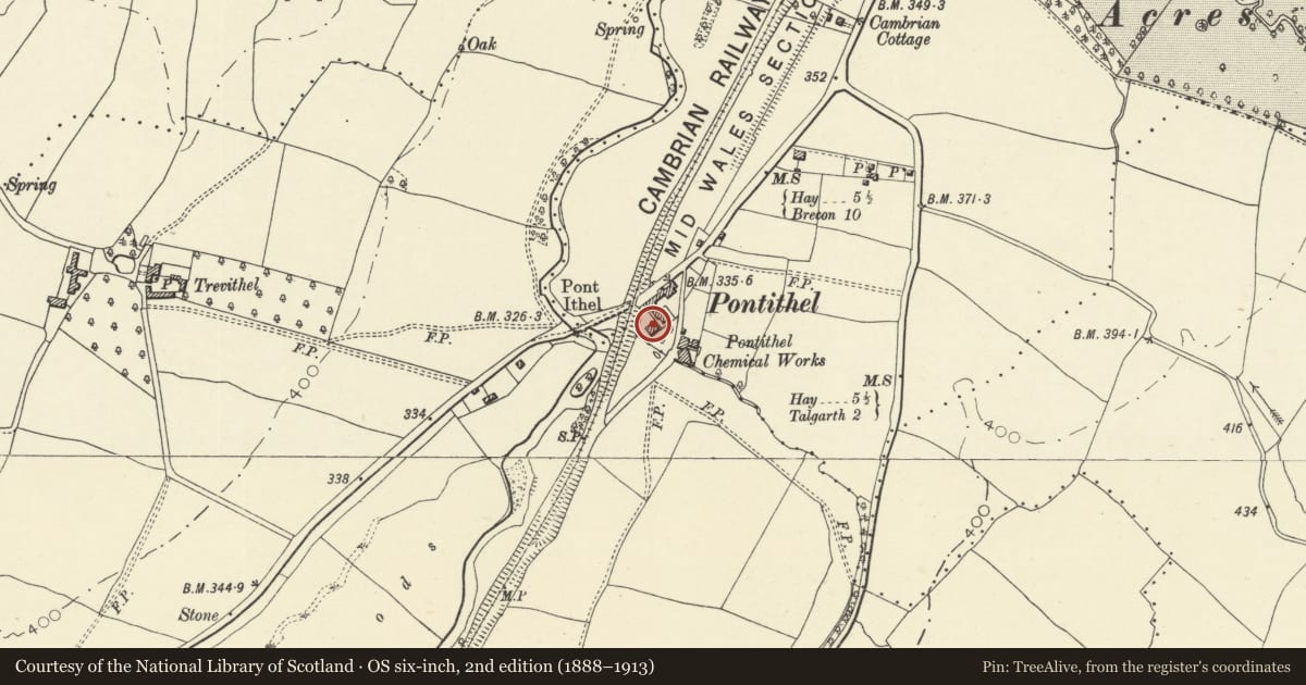 Ordnance Survey six-inch map, 2nd edition (1888–1913) covering the location of 5 Pontithel Cottages, Gwernyfed, Powys, with a pin at the register's coordinates