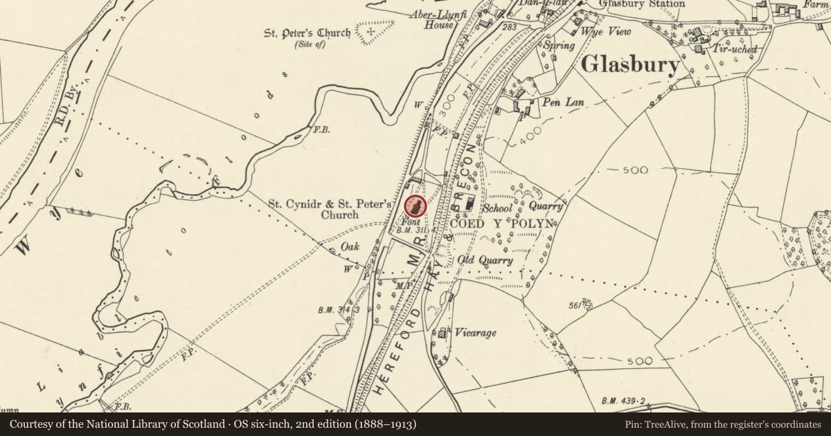 Ordnance Survey six-inch map, 2nd edition (1888–1913) covering the location of Church of St Cynidr and St Peter, Gwernyfed, Powys, with a pin at the register's coordinates